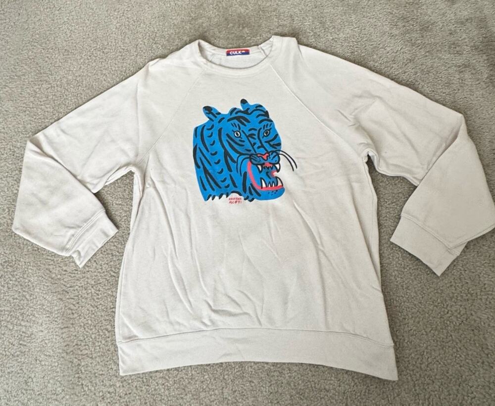 CULK Kristina Micotti Blue Tiger Graphic Fleece Sweatshirt Cream Oversize Large
